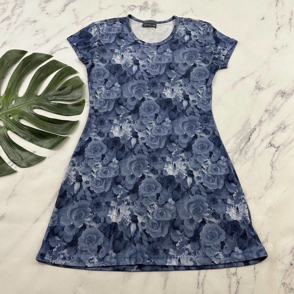 Uncivilized Womens Vintage Y2k Mini Dress Size L Blue Gray Rose Floral Shift